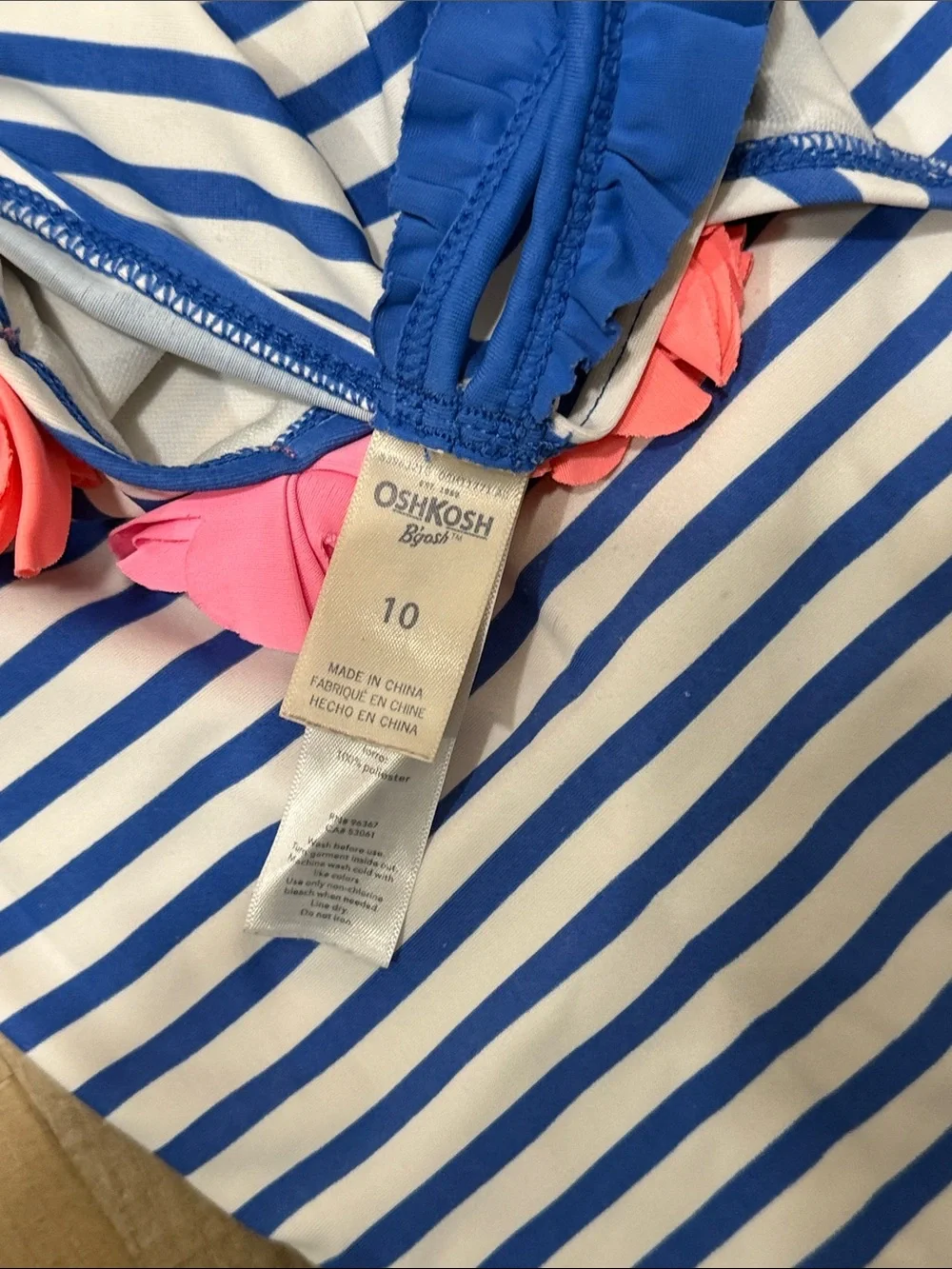 Girls Blue & White Striped One-Piece Swimsuit with Pink Flower Accents